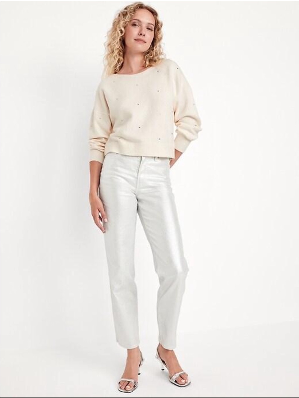 Old Navy SoSoft Crew-Neck Sequin Sweater in Creme - Picture 3 of 3